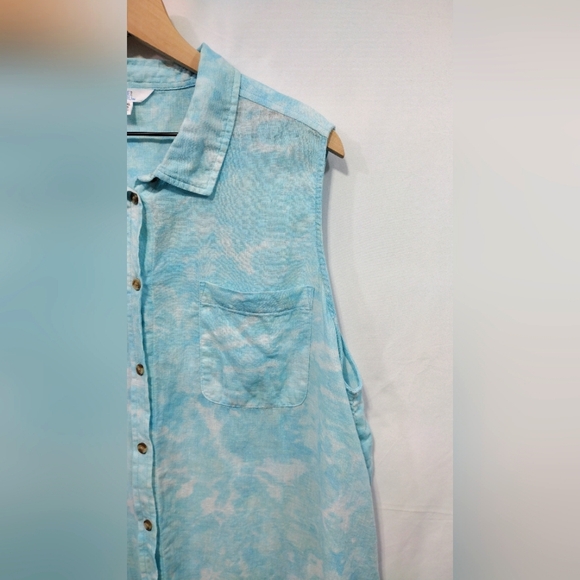Time and Tru Sleeveless Button-Down Linen Shirt Women's XXXL Blue Tie Dye Retro - Picture 4 of 11